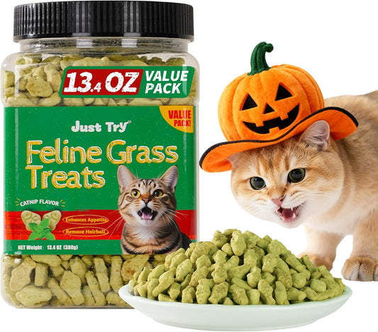 Just Try 13.4 OZ Cat Treats for Indoor Cats Hairball Control Natural Salmon Healthy Cat Grass Treats Kitten Snacks Training Biscuits Catnip for Cats Dental Care