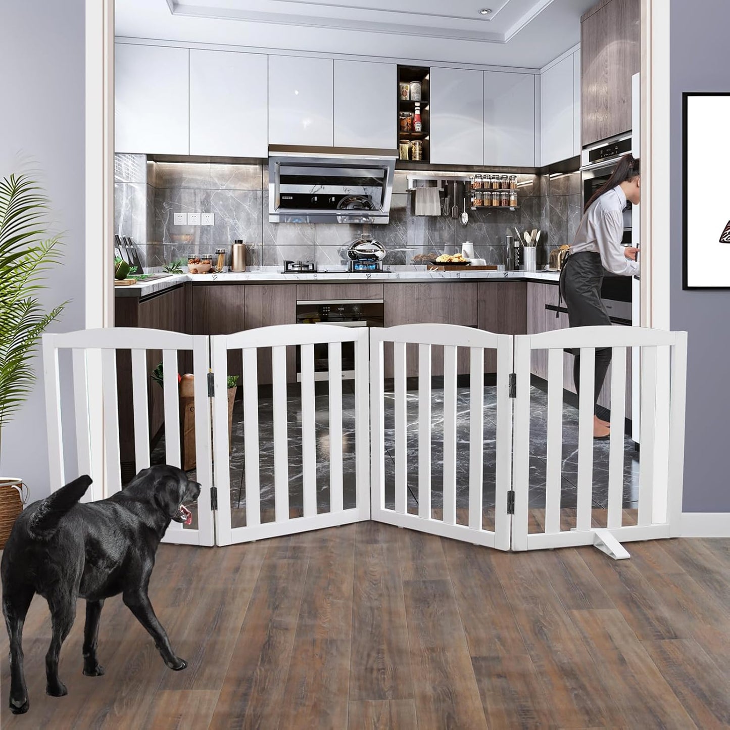 ZJSF Foldable Freestanding Indoor Dog Gate for House Wood White Long Pet Gates Dog Fence for Stairs Puppy Gates for Hallways,Pet Fence, Puppy Gate,Support Feet Included 24 "Height-4 Panels