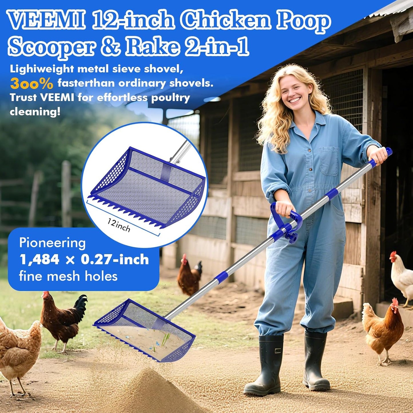 12 Inch Chicken Poop Scooper & Rake 2-in-1, Large Metal Shovel Head, Rubber Handle Stainless Steel Chicken Litter Scoop for Chicken Coops, Litter Screening Scoop (35 to 65in) US Patent Pending (Blue)