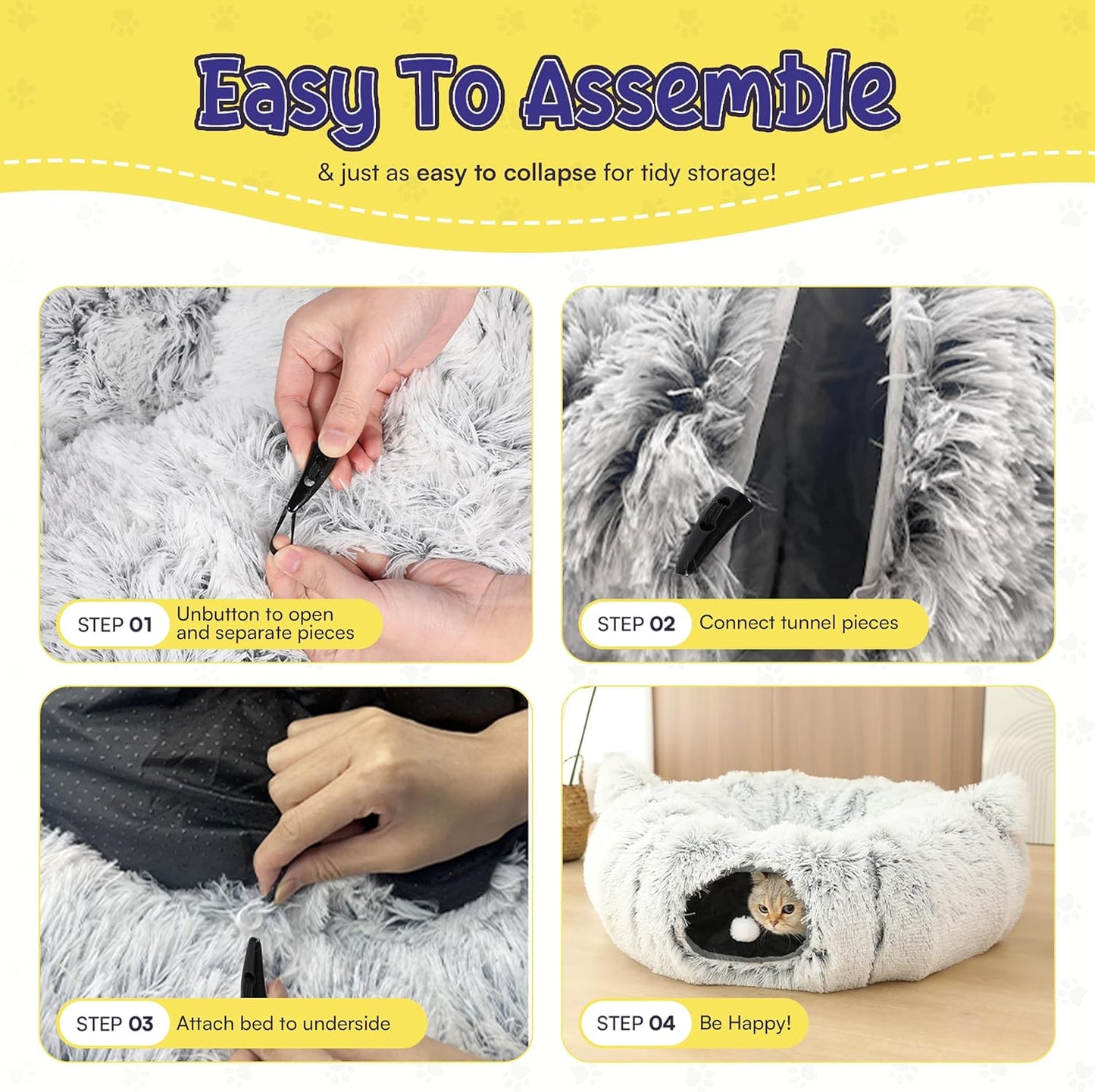 Cat Tunnel Bed Cave with Catnip Toys - Peekaboo Cat Hideaway & Cat Donut Tunnel - 3-in-1 Cat Tunnels for Indoor Cats - Foldable Cute Cat Bed - 32" Washable