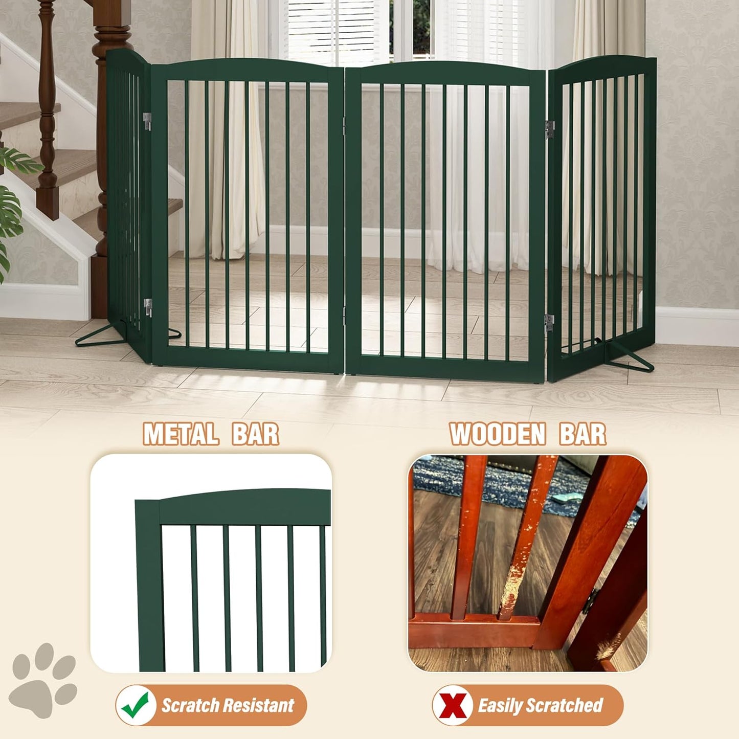 Freestanding Pet Gate for Dogs, Indoor Wooden Dog Gate for House, Foldable Dog Gate for Doorway, Stair, Step Over Pet Puppy Safety Fence Tall, 80 Inch Wide, 4 Panels 32", Green