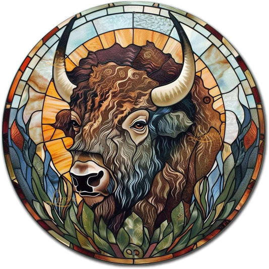 Lygond Metal Sign Tin Sign Circular Stained Glass American Bison Metal Sign for Pet 8×8 Inches
