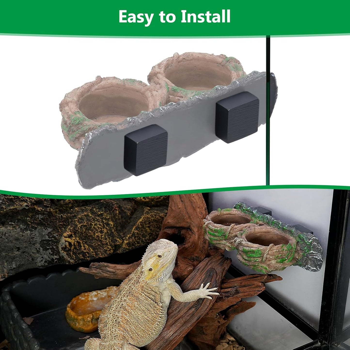 Magnetic Reptile Feeding Ledge, Gecko Feeder Ledge with One Piece Cup, Hollow Vine Food Dish, Reptile Water Bowl for Bearded Dragon Lizard Snake