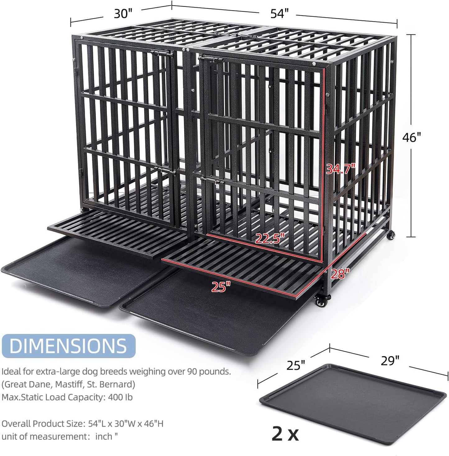 54 inch Heavy Duty Indestructible and Escape-Proof Dog Crate Cage Kennel for 1 XL or 2 Medium Dogs, Divider Panel, Removable Tray & Wheels, for High-Anxiety Dogs, Extra Large XL (Black)