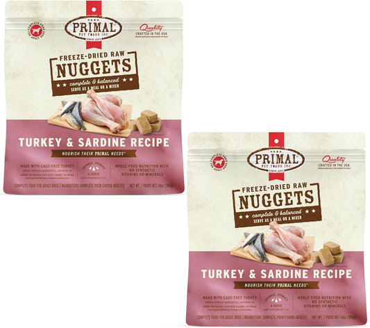Primal Freeze Dried Raw Dog Food Nuggets, Turkey & Sardine, Complete & Balanced Meal, Also Use as Topper or Treat, Premium, Healthy, Grain Free, High Protein Raw Dog Food, 14 oz (Pack of 2)