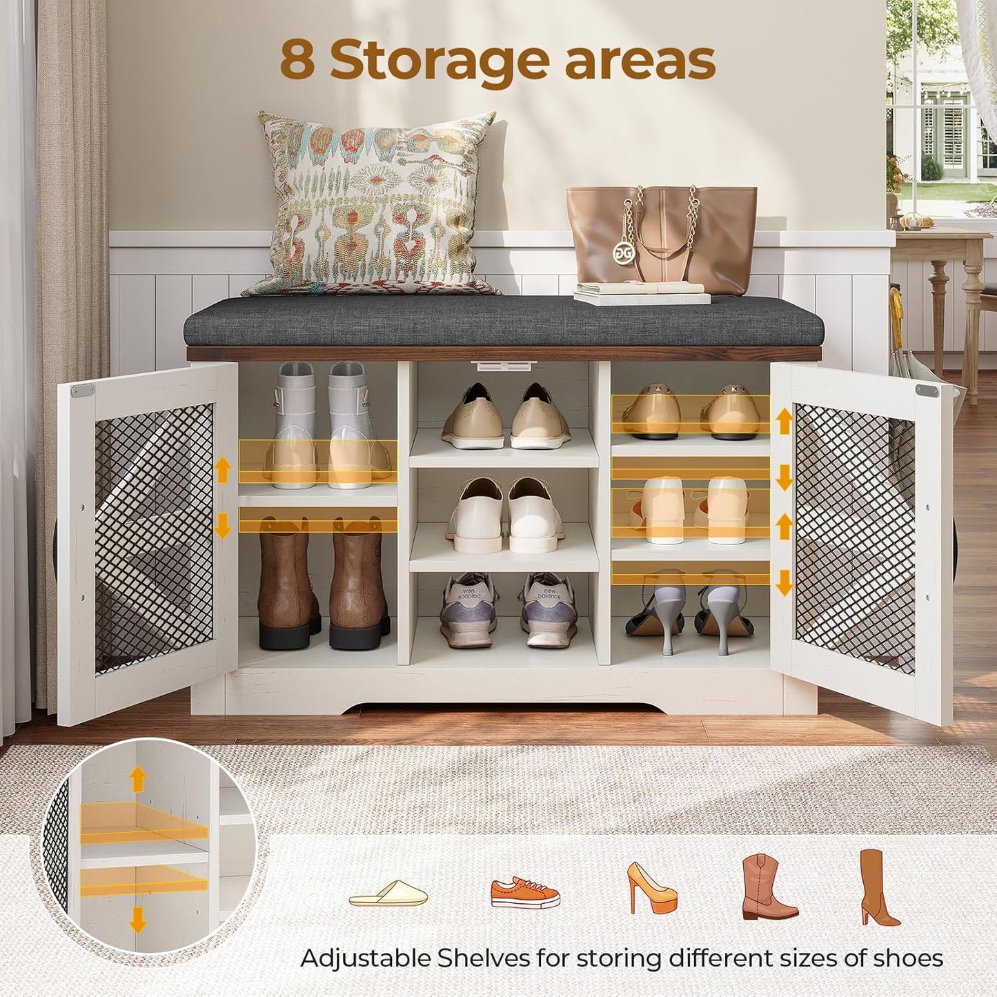 Farmhouse Storage Bench with Cushion, Metal and Wood Shoe Rack Organizer, Adjustable Shelf, Shoe Cabinet with Half Hidden Storage Space, for Entryway, Bedroom, Living Room (Old White, 31.4in)