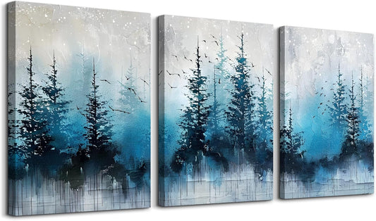 TTHYUEWS Boho Wall Art For Living Room Canvas Wall Decor For Bedroom Forest Landscape Wall Pictures Blue Tree Abstract Wall Paintings Artworks Ready To Hang Office Aesthetic Wall Decoration 3 Piece