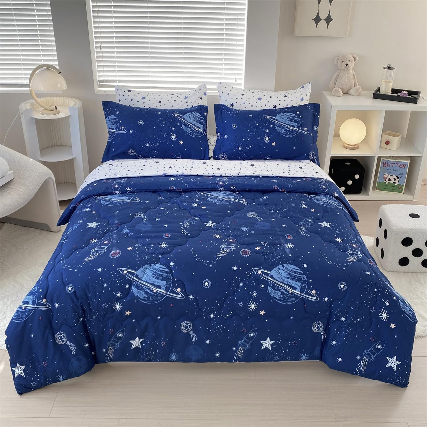 7 Piece Boys Space Comforter Set Twin Size Bed in A Bag Star Rocket Galaxy Universe Planets Bedding Set for Kids Teens Girls Microfiber Blue Quilt All Season