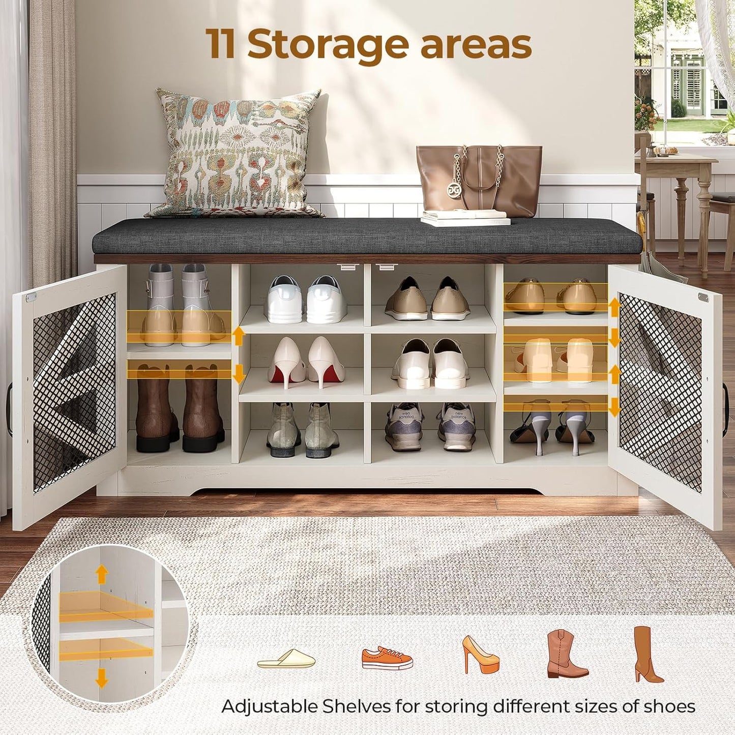 Farmhouse Storage Bench with Cushion, Metal and Wood Shoe Rack Organizer, Adjustable Shelf, Shoe Cabinet with Half Hidden Storage Space, for Entryway, Bedroom, Living Room (Old White, 43.3in)