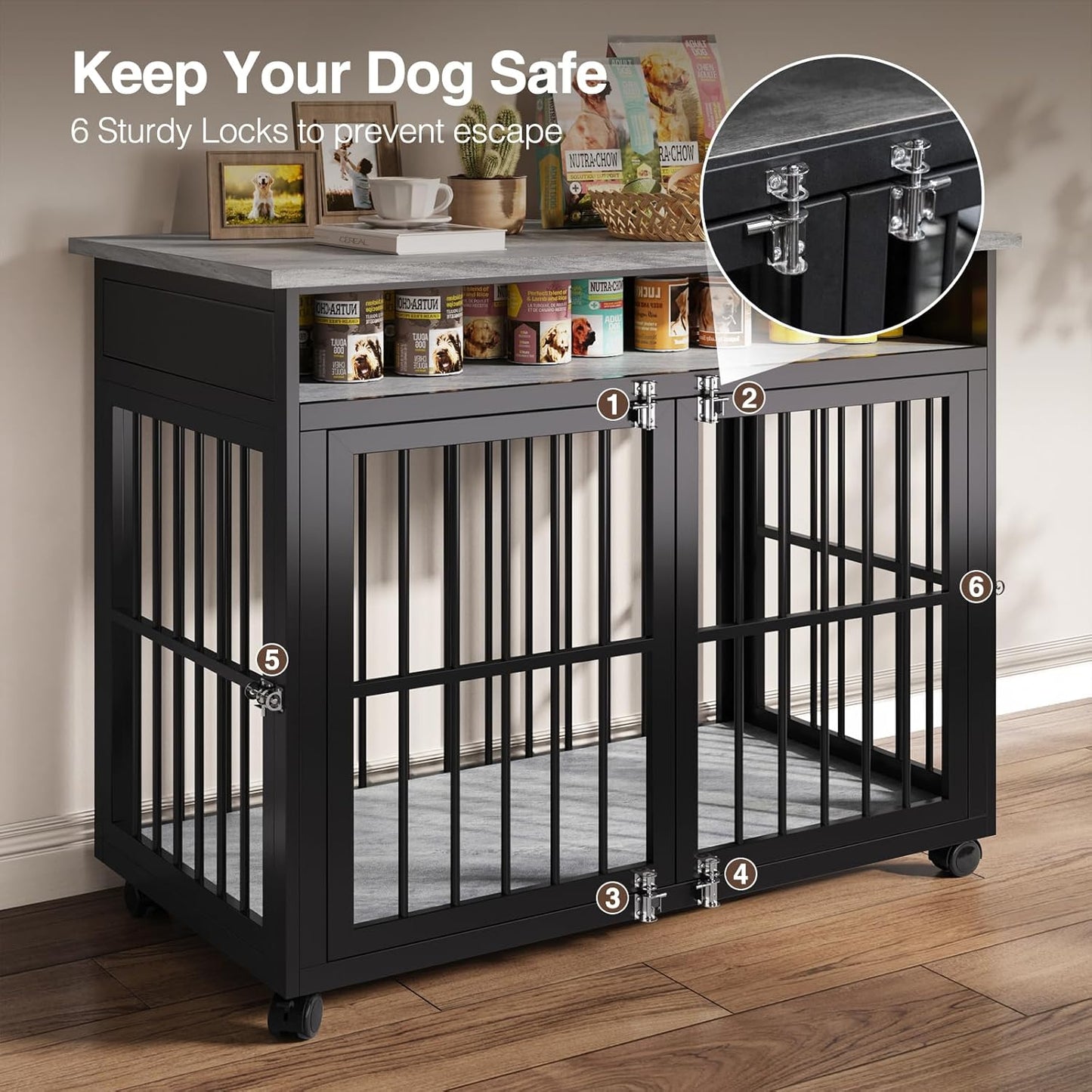 39.4" Dog Crate Furniture for Medium and Large Breed, Dog Kennel Furniture with Storage Shelf & Lockable Wheels, Heavy Duty Wooden End Side Table Pet Cage Indoor, Chew-Resistant, Grey