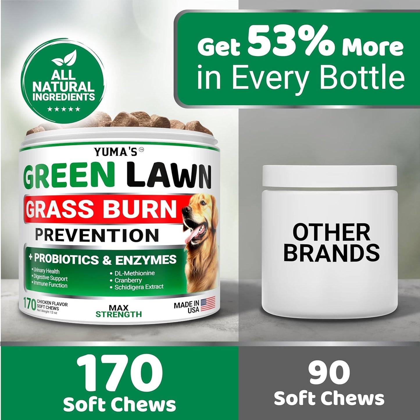 YUMA'S Dog Urine Neutralizer for Lawn - 170 Chews - Advanced Grass Green Savers for Dog Urine - Canine Pee Grass Neutralizer Supplement - Green Lawn Treats with Probiotics and Digestive Enzymes