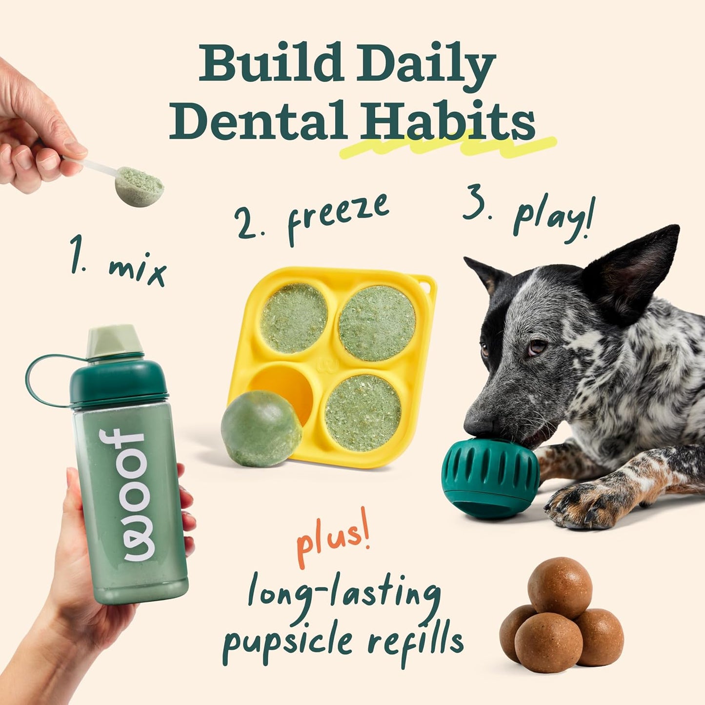 WOOF Dental Kit- Includes Pupsicle Dog Toy, Treat Tray, Shaker Bottle, Chicken Pupsicle Pops, and Dog Teeth Cleaning Powder - Supports Oral Health for Dogs - Small
