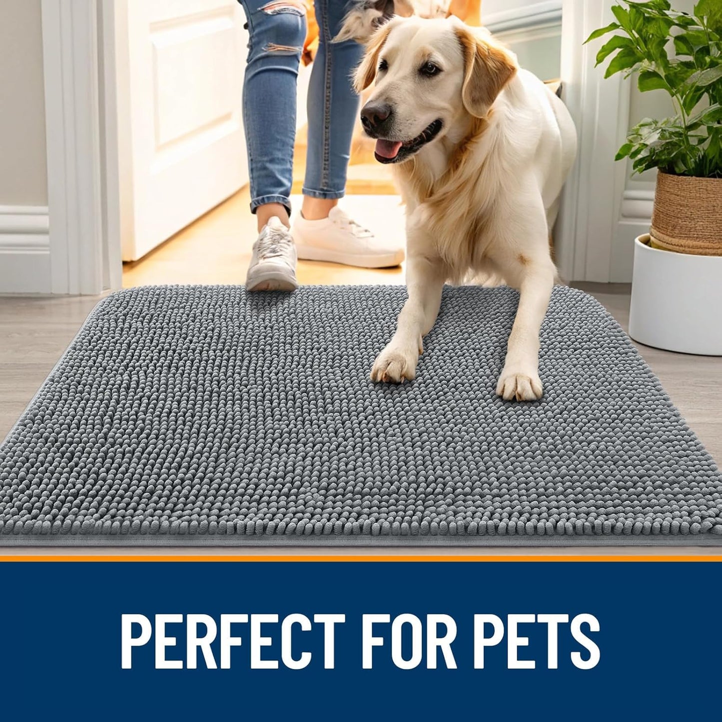 OLANLY Dog Door Mat for Muddy Paws 47x20, Absorbs Moisture and Dirt, Absorbent Non-Slip Washable Doormat, Quick Dry Chenille Mud Mat for Dogs, Entry Indoor Entryway Carpet for Inside Floor, Grey