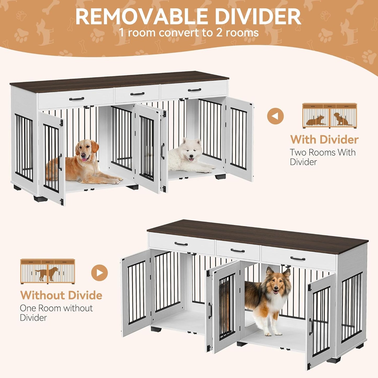 71 in Dog Crate Furniture for 2 Dogs, Wooden Double Dog Crate with 3 Drawers and Removable Room Divider, XXL Indoor Dog Kennel TV Stand End Table with Double Doors for Large Medium Dogs, White