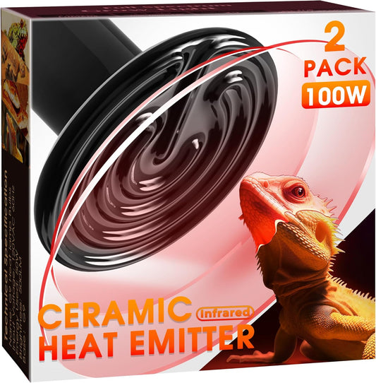 Ceramic Heat Emitter for Reptiles, 2 Pack 100W Heat Lamp Bulb, E26 Ceramic Reptile Heat Bulb Black, No Light Emitting Heat Lamp for Amphibian Pet, Heat Bulb for Bearded Dragon Turtle Snake Lizard