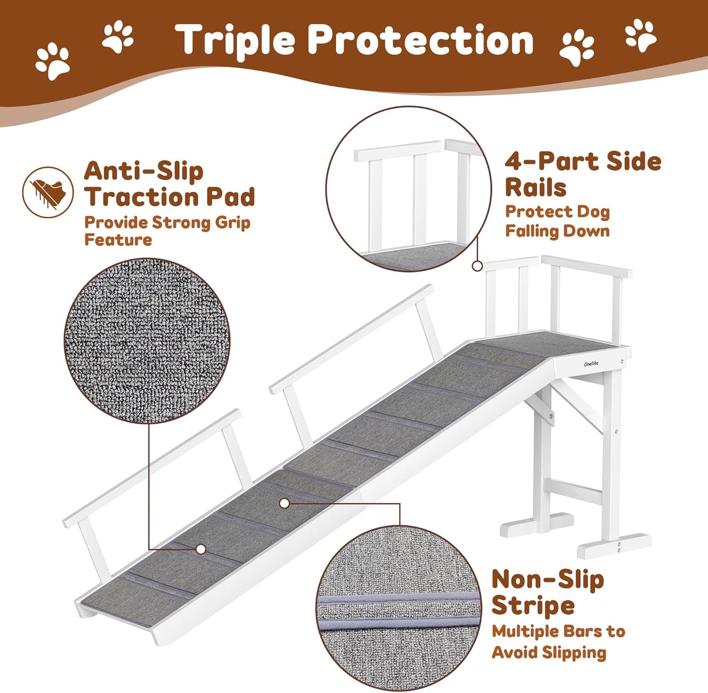 Onelike Wooden Dog Ramp for Bed with Removable Side Rail and Non-Slip Carpet, Stable Pet Ramp Stair for Couch Sofa for Small & Large & Senior Dogs, 74" Long Ramp White