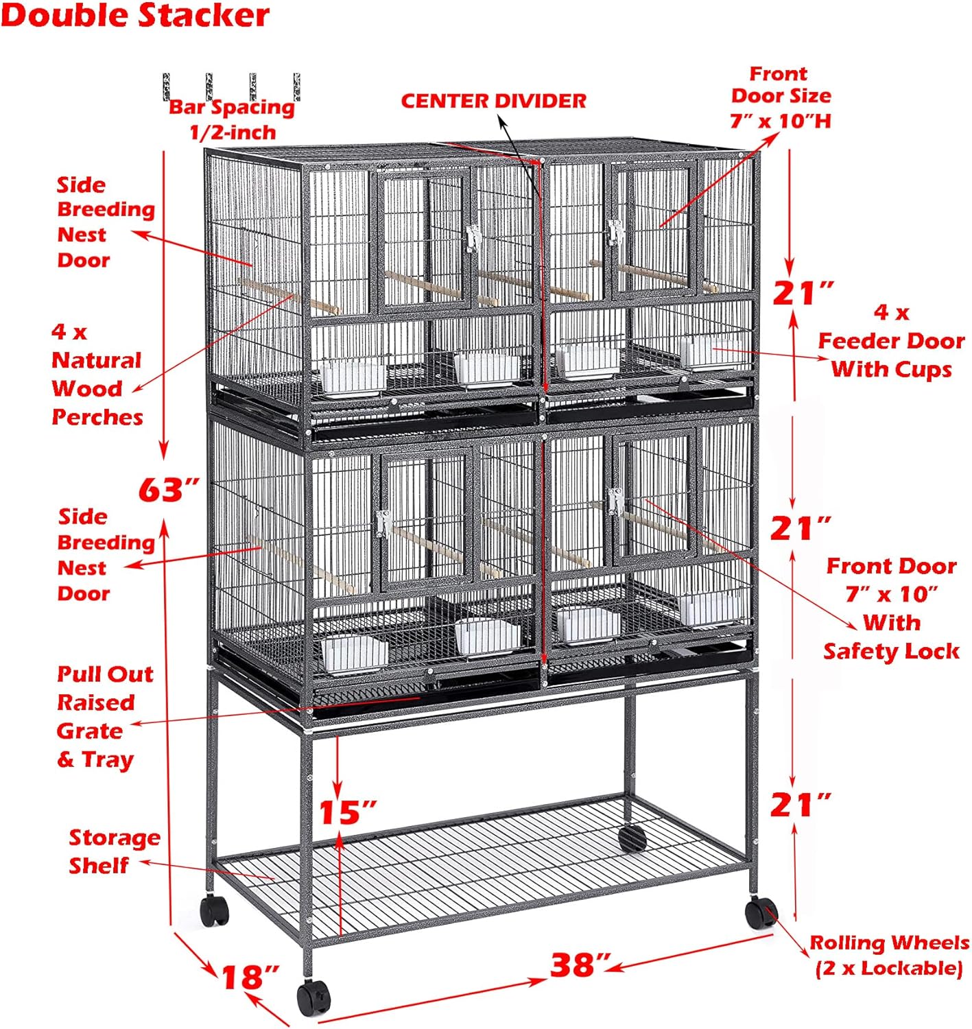 Double Stackable Center Divided Side Nesting Box Doors Breeder Breeding Bird Flight Double Rolling Cage for Aviaries Canaries Cockatiels Lovebirds Finches Budgies Small Parrots