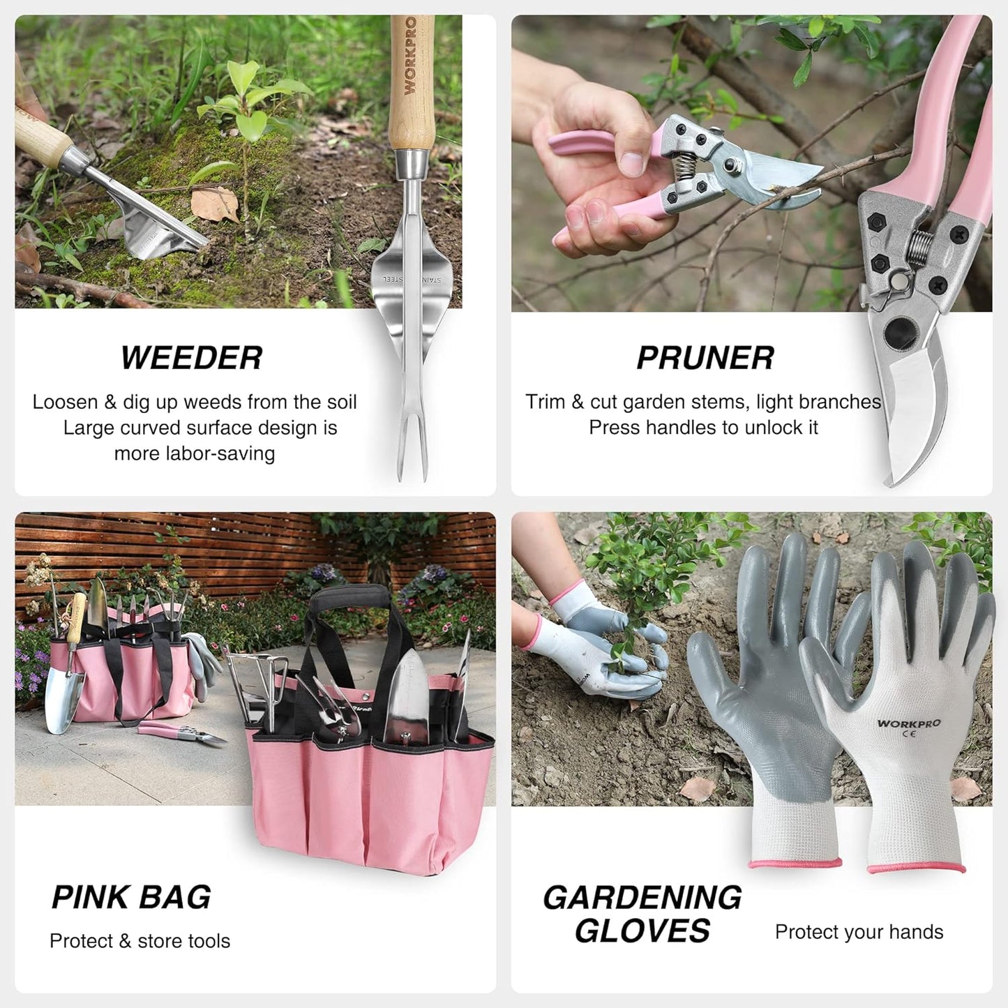 WORKPRO 8-Piece Pink Garden Tool Set, Stainless Steel Gardening Tools with Wood Handle, Including Garden Tote, Gloves, Trowel, Hand Weeder, Cultivator and More, Gardening Gifts For Women - Pink Ribbon