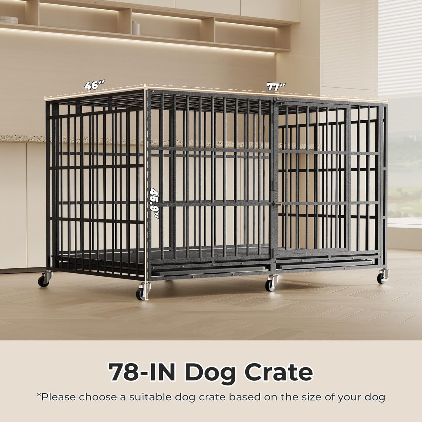 78 Inch Heavy Duty Indestructible Dog Crate Steel Escape Proof, Indoor Double Door High Anxiety Cage, Kennel with Wheels,Removable Tray,Extra Large Dogs XL XXL XXXL