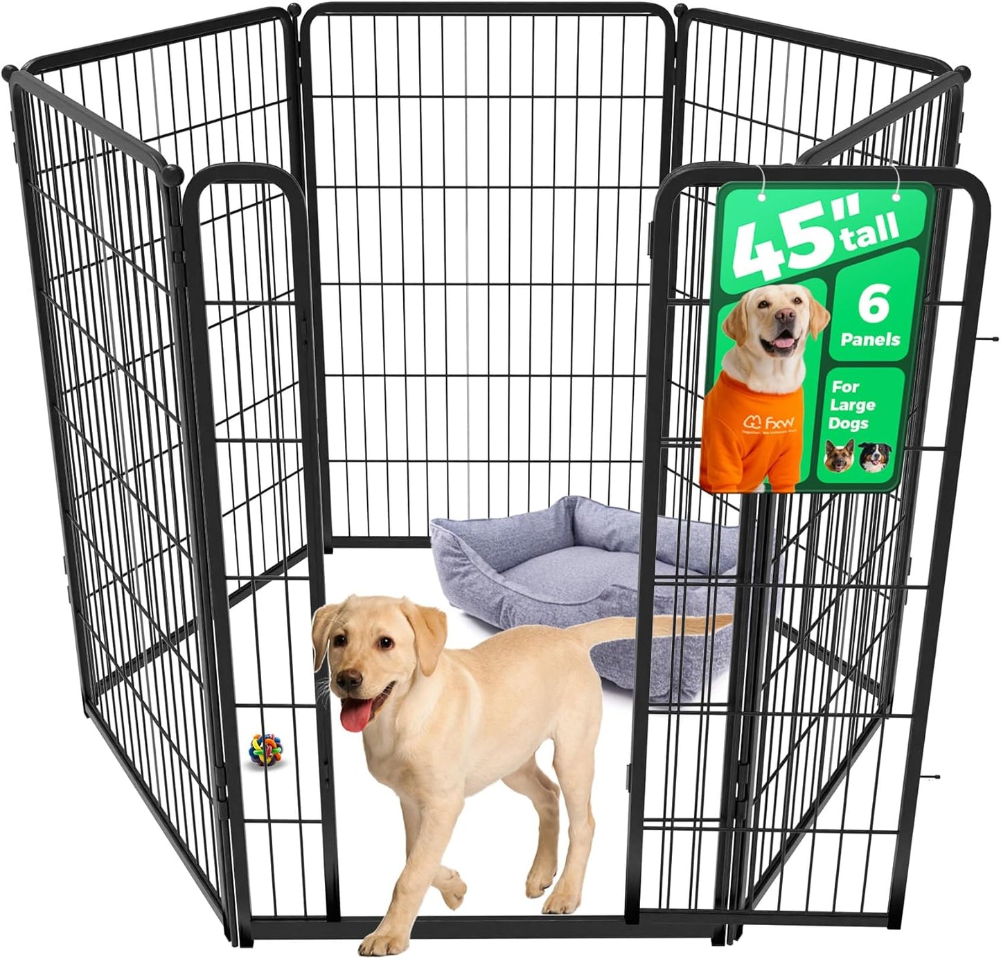 FXW Homeplus Unleashed Indoor Dog Playpen - Stress-Free and Safe Play, Heavy Duty 45 Inch 6 Wire Panels Dog Pen for Large Dogs, Black│Patented
