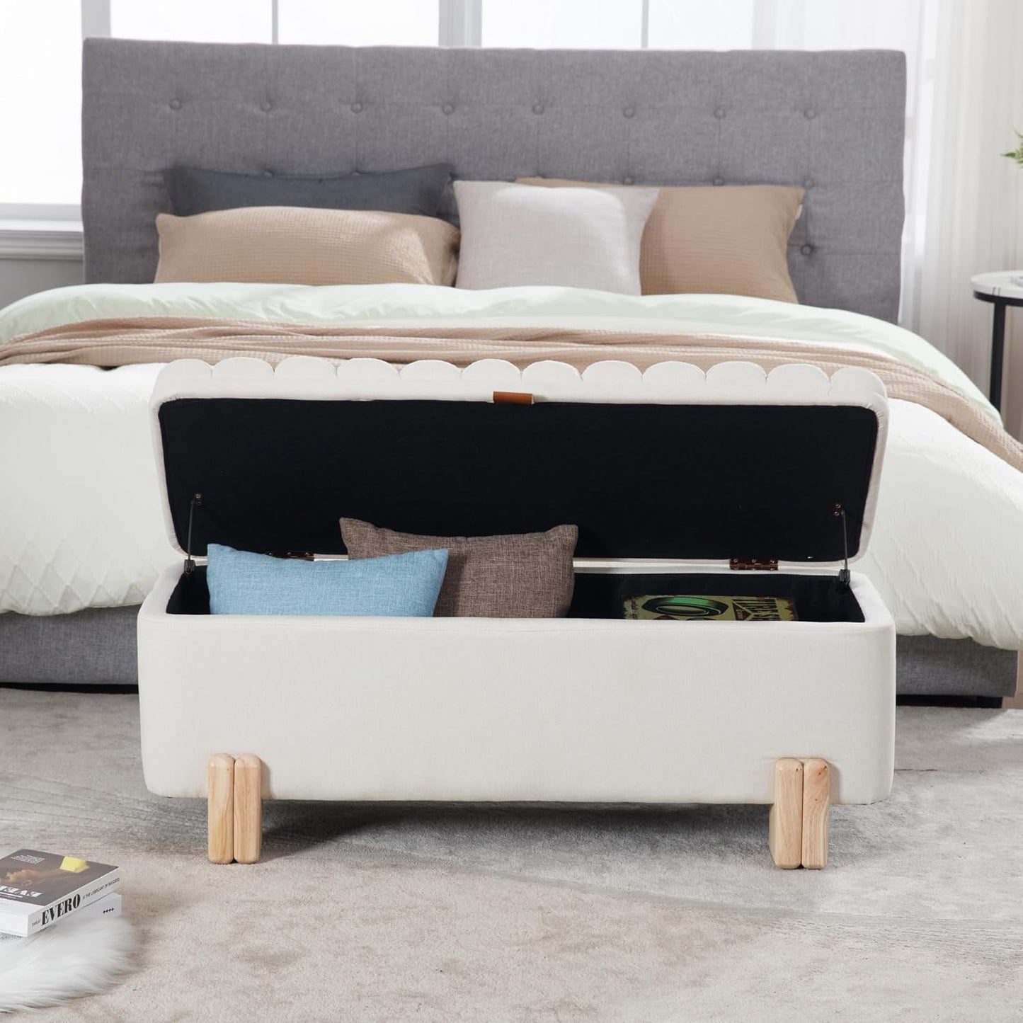 Wavy Ottoman Storage Bench Multi-Functional Narrow Entryway Bench Elegant End of Bed Bench with Storage and Safty Hinge for Living Room Entryway Hallway Bedroom Boutique, Beige