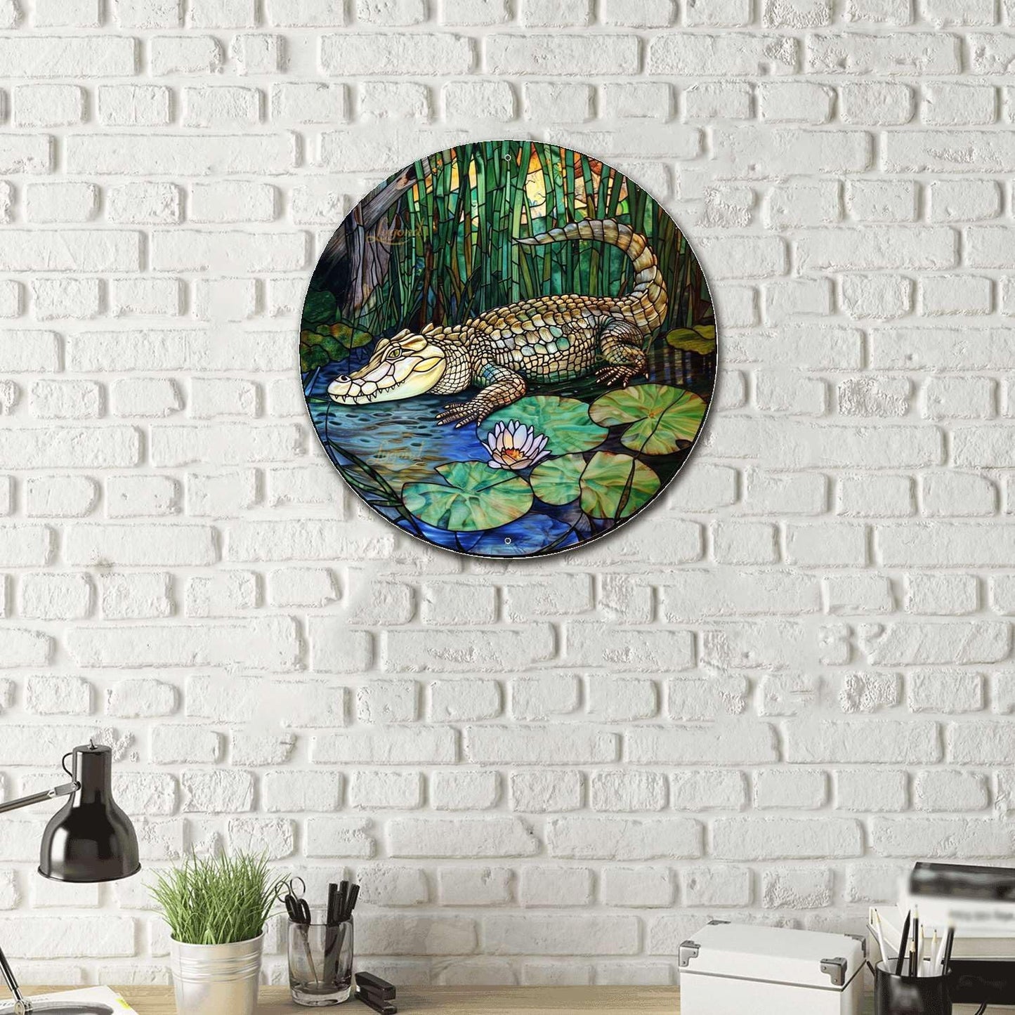 Lygond Metal Sign Tin Sign Circular Stained Glass Crocodile Restroom Tin Sign for Yard 12×12 Inches