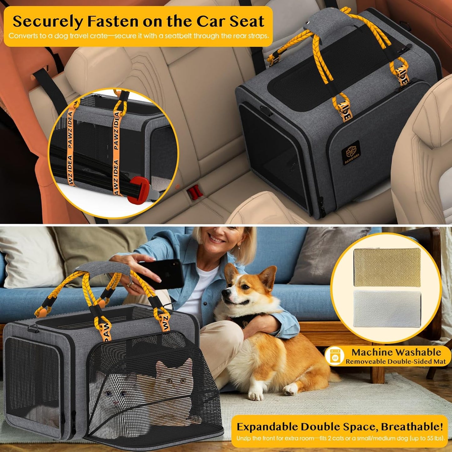 PAWZIDEA Expandable Large Pet Carrier, 24"X16"X16" Top Load Cat Carrier Bag for 2 Cats, Collapsible Dog Travel Crate for Small Medium Dog up 55lbs, Soft-Sided Car Seat Cage, XL Storage Pocket, ID Tag