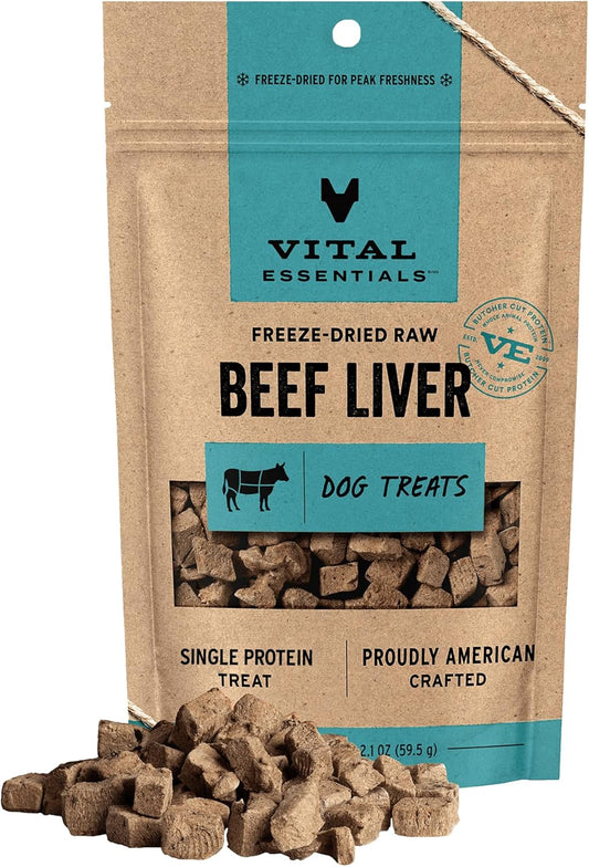 Vital Essentials Beef Liver Dog Treats, 2.1 oz | Freeze-Dried Raw | Single Ingredient | Premium Quality High Protein Training Treats | Grain Free, Gluten Free, Filler Free