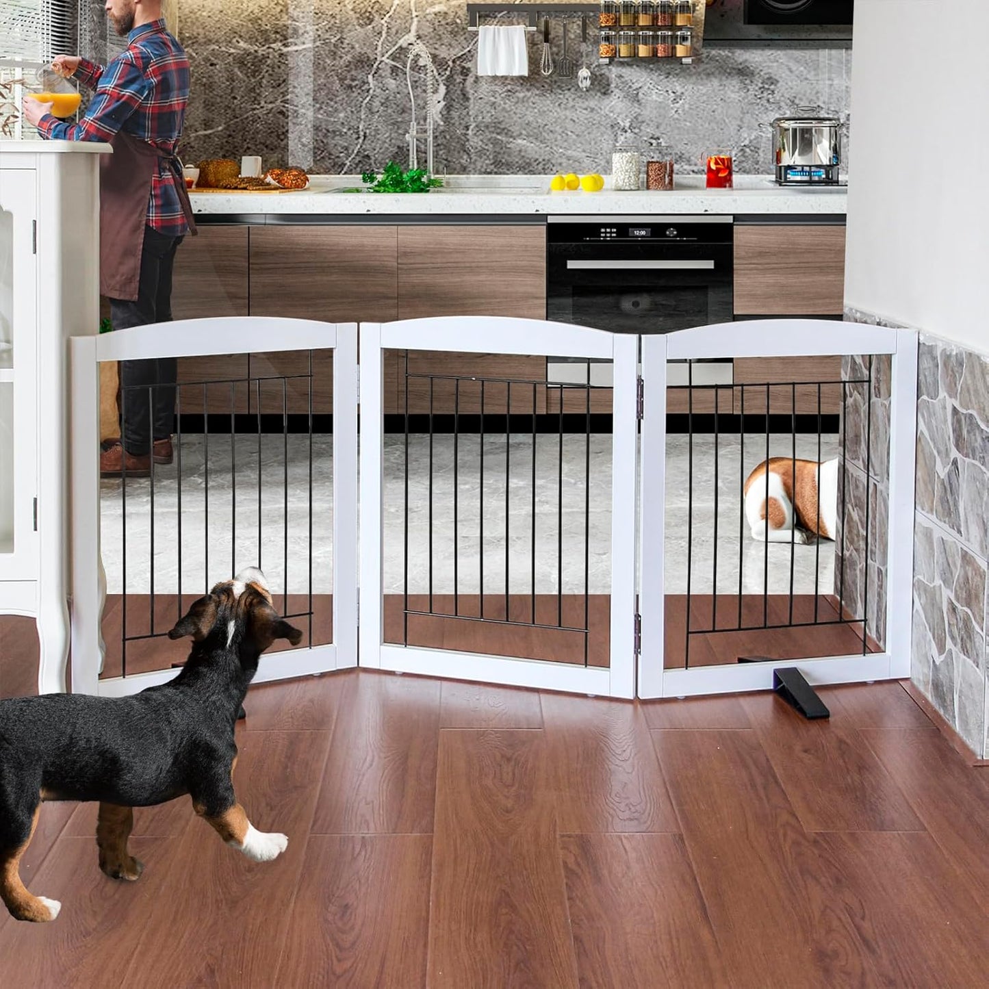 ZJSF Freestanding Dog Fence Indoor, Foldable Dog Gate for Doorways, Stairs or Hallways, Sturdy Wood Extra Wide Pet Gate with Support Feet for The House, White, 24 "Height-3 Panels