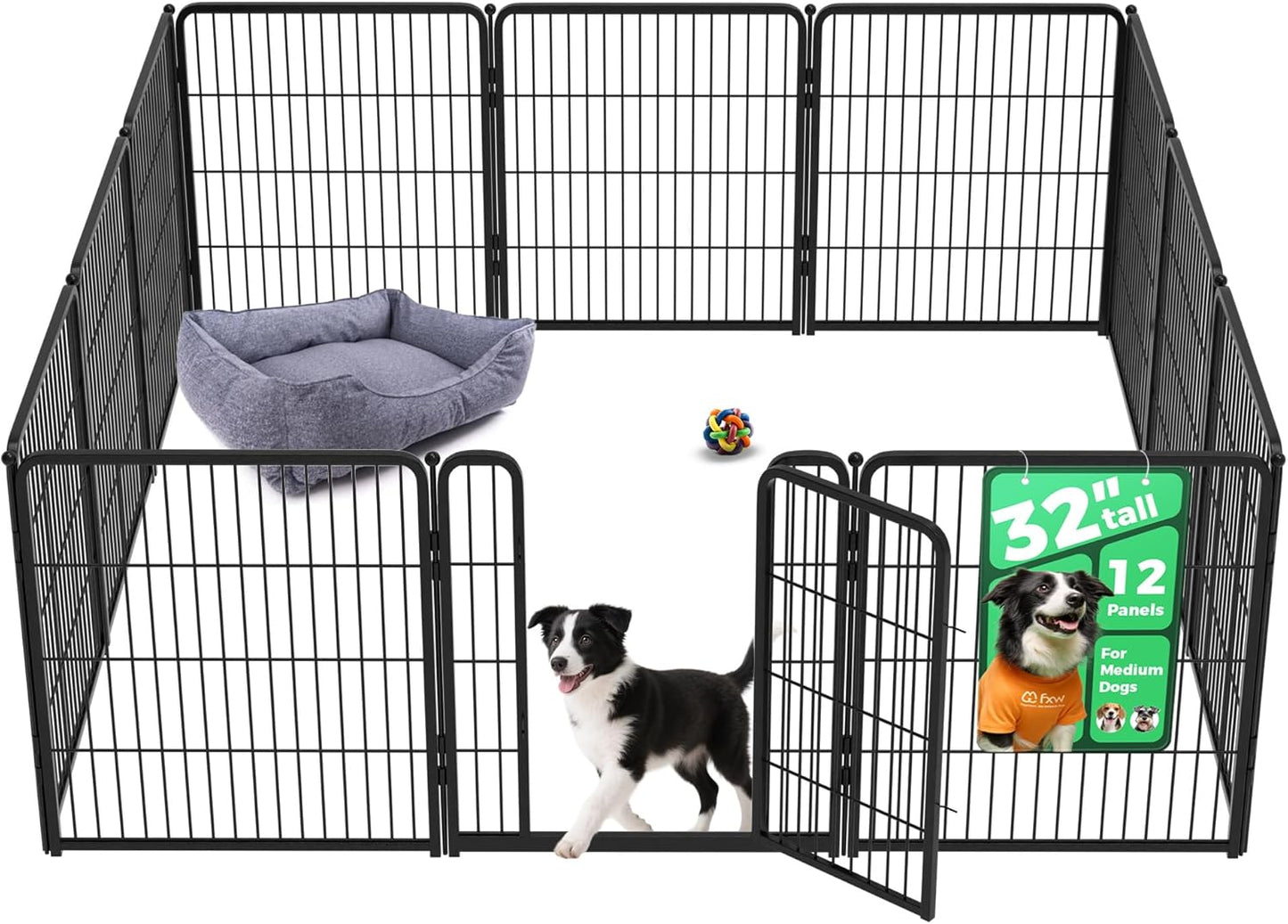 FXW Homeplus Unleashed Indoor Dog Playpen - Stress-Free and Safe Play, Heavy Duty 32 Inch 12 Panels Dog Pen for Small and Medium Dogs, Black│Patented