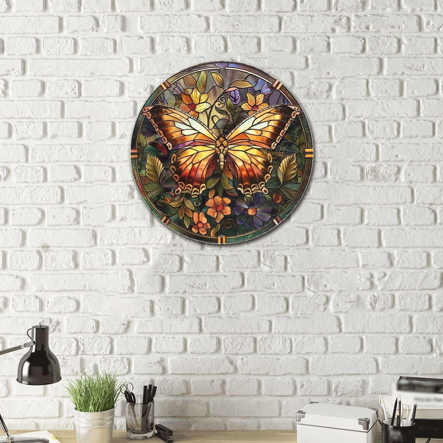 Lygond Metal Sign Tin Sign Circular Stained Glass Butterfly Funny Bathroom Decor for Garage 8×8 Inches
