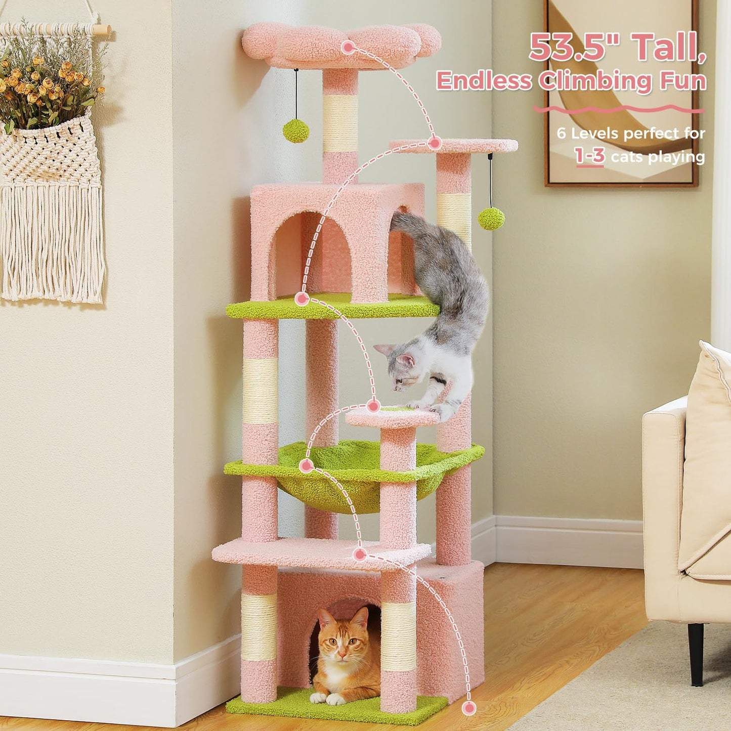 PAWZ Road Cat Tree, 53.5 Inches Tall Cat Tower with Spacious Hammocks, Condos and Scratching Posts, Cat House with Dual Padded Perches for Indoor Large Cats-Pink
