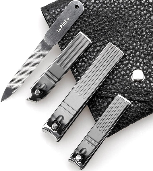 Nail Clippers Set, Toenail Clippers for Thick and Ingrown Nails, Fingernail Cutters for Men Women with PU Case 4PCS