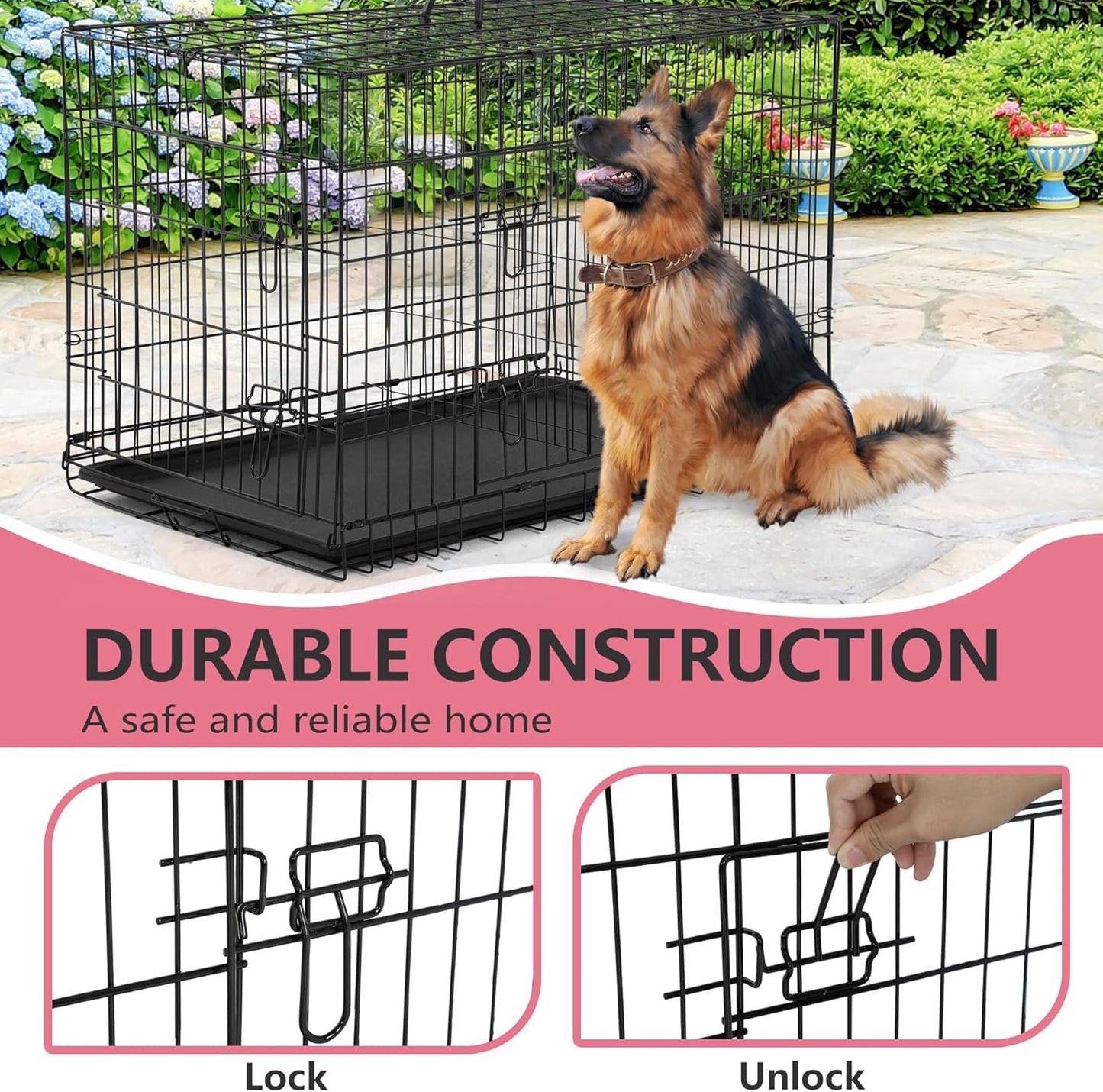 FDW Extra Large Dog Crate Dog Kennel Cage with Double Door,48 inch Folding Metal Wire Dog Cage with Removable Tray&Divider Panel,Pet Crate for Large Dogs,Black