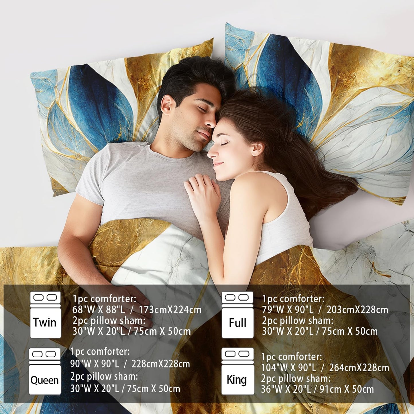 Vintage Floral Comforter Set Queen Size Women,Marble Flower Bedding Set Queen,Marble Blue Flower Bed Comforter,Blue and Gold Floral Quilt Bedroom Decor for Kids and Adults