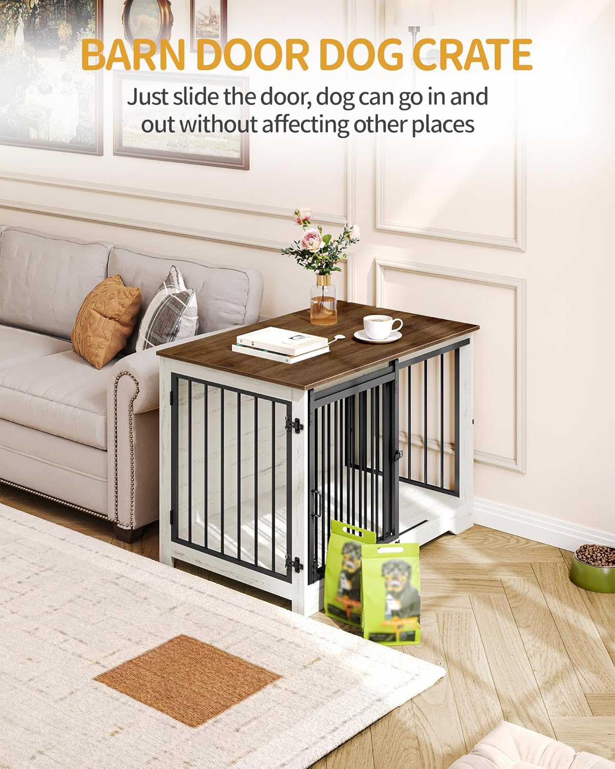 39.4" Heavy Duty Dog Crate Furniture with Barn Door, Wood Indoor Dog Crate Kennel for Small/Medium/Large Dogs, End Side Table, TV Stand, Anti-Chew Anti-Escape, White Brown DFC02314B