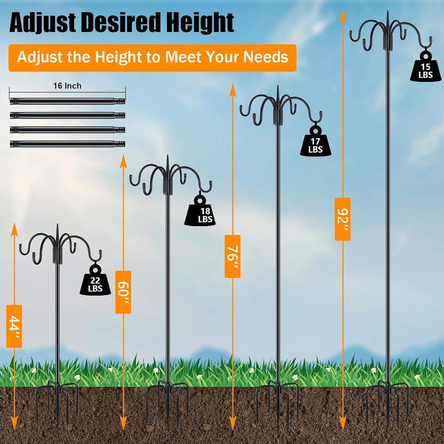 FEED GARDEN 92 Inch Adjustable Shepherd Four Hooks with Squirrel Baffle Heavy Duty Garden Hooks 5-Prong Base Bird Feeder Pole for Hanging Plant Baskets Solar Lights Lanterns