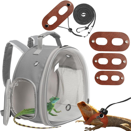 Leopard Gecko Travel Carrier,Bearded Dragon Travel Backpack with Harness and Leash Set,Space Capsule Clear Bubble Window Astronaut Reptile Carrier Backpack, Airline Approved