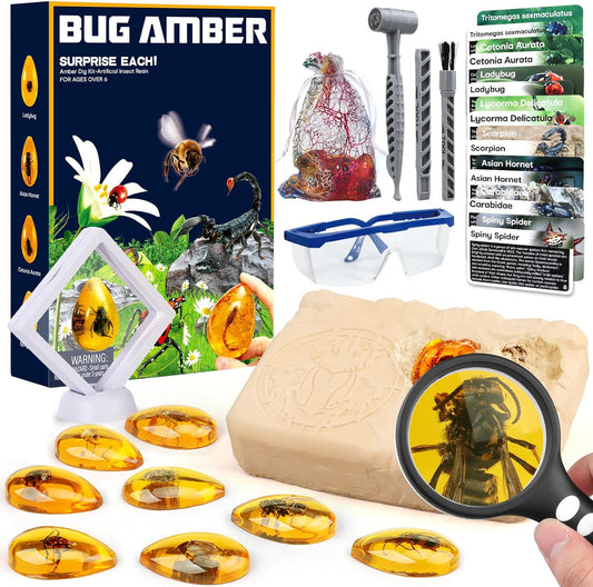 Amber Dig Kit - Insects in Resin, 8 Insects Specimens Excavation Kit, Gemstone Bugs for Kids, Fossil Bug Toys Dig Kits for Bugs Collection, Insect Toys for Boys Girls 6 and up Year Old Birthday Gifts