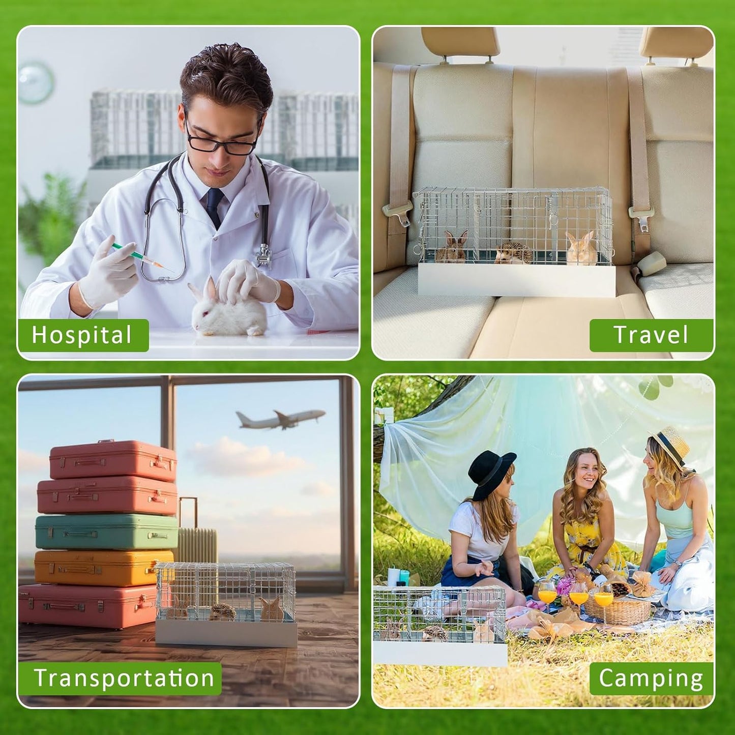 Folding Rabbit Cage, 18 x 12 x 10 in Portable Bunny Carrier with Tray and Handles for Transport, Travel or Temporary Housing, Indoor Outdoor Pet Habitat Animal Enclosure