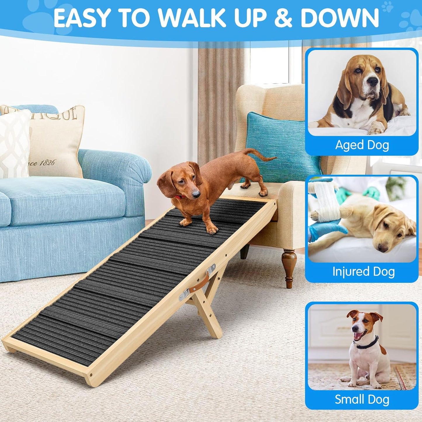 Dog Ramp for Couch, Bed, Wooden Long Pet Stairs for Small & Large Old Dogs & Cats, Hold up to 100lb, Adjustable Height from 11.41" to 20.47", Portable Doggie Steps (39.37" Long)