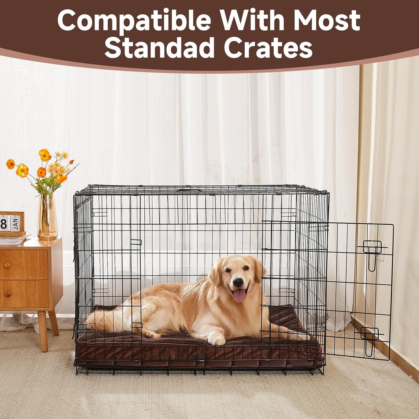 OhGeni Orthopedic Waterproof & Machine Washable Dog Bed for Large Pets, Suitable for Crates, Cat Mat with 25D Egg Crate Foam, Non-Slip Bottom & Removable Cover, Invisible Zipper, 41 Inches(Brown)