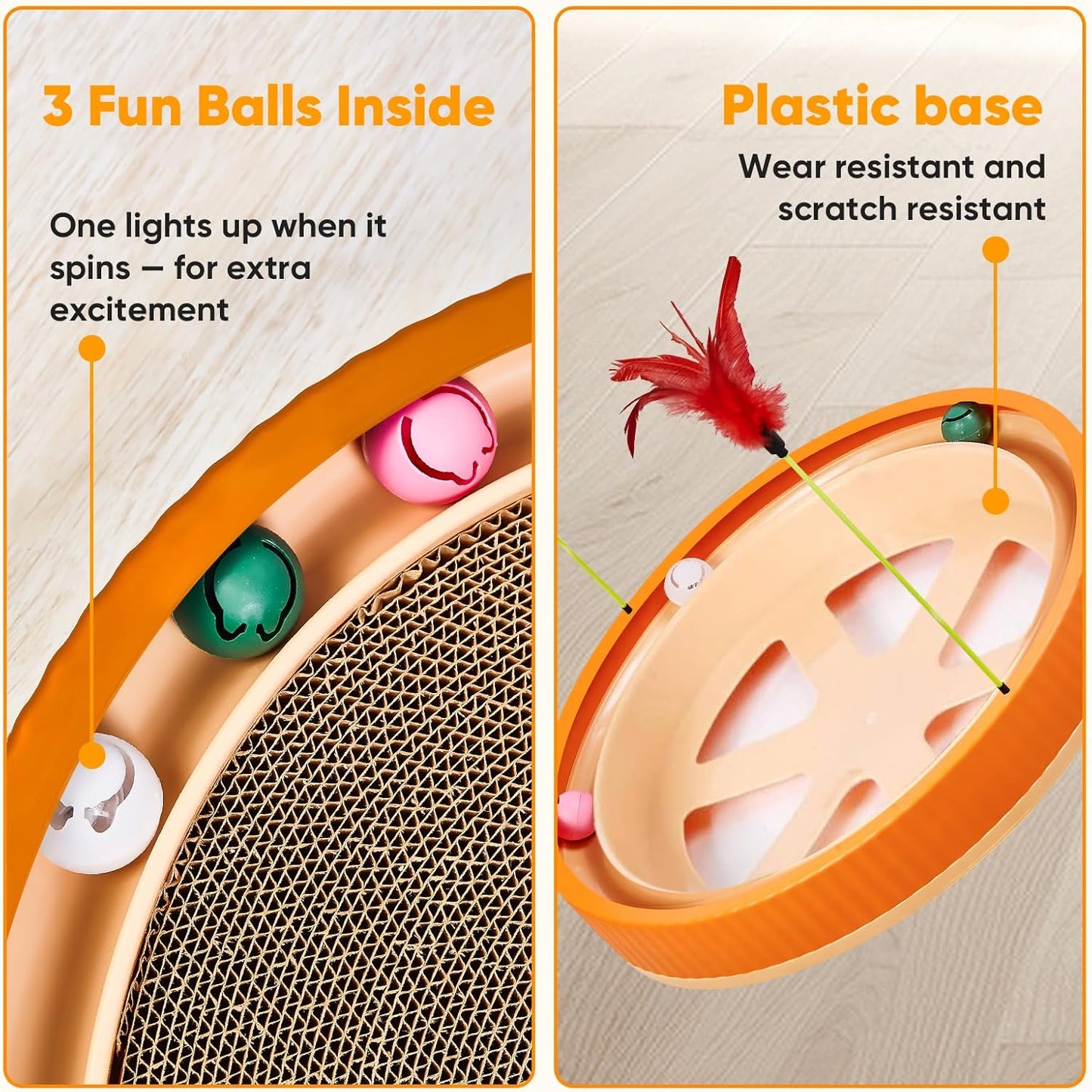 20-Inch Round Cat Scratcher with Ball Track – 3-in-1 Cardboard Cat Scratching Pad with Feather Toys, Non-Slip Base – Interactive Cat Toy for Indoor Cats, Kitten Scratch Play Lounge Board (Orange)