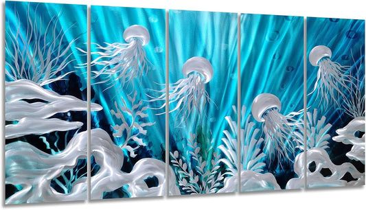 SYGALLERIER Jelly Fish Large Metal Wall Art Hand Grind Aluminum Artwork 3D Undersea World Coastal Pictures Nautical Decor for Living Room Bedroom