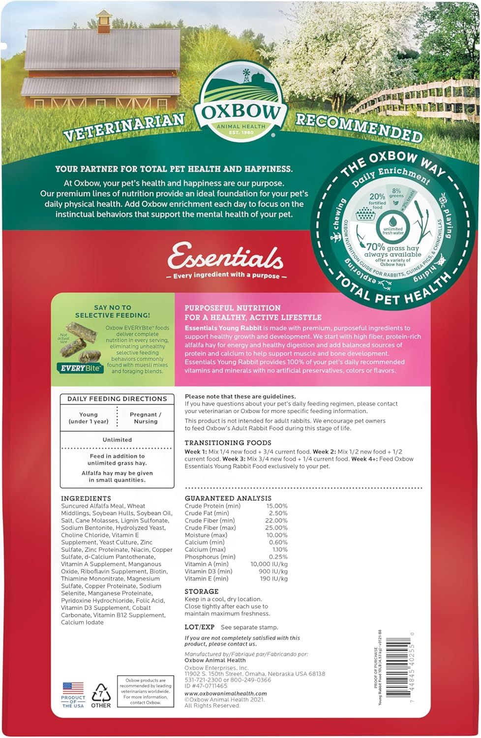 Oxbow Essentials Rabbit Food, Young Rabbit, Made with Oxbow Timothy, Pet Food Pellets for Bunnies, Small Animal Pet Products, Made in USA, High Fiber Bunny Supplies, 10 lb. bag