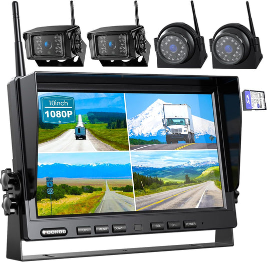 Fookoo HD 10" Wireless Backup Camera System, 1080P 10-inch Quad Split Monitor w/Recording, Waterproof Side & Rear View Cameras, 4 Channel, Digital Signal, Parking Lines for RV/Truck/Trailer
