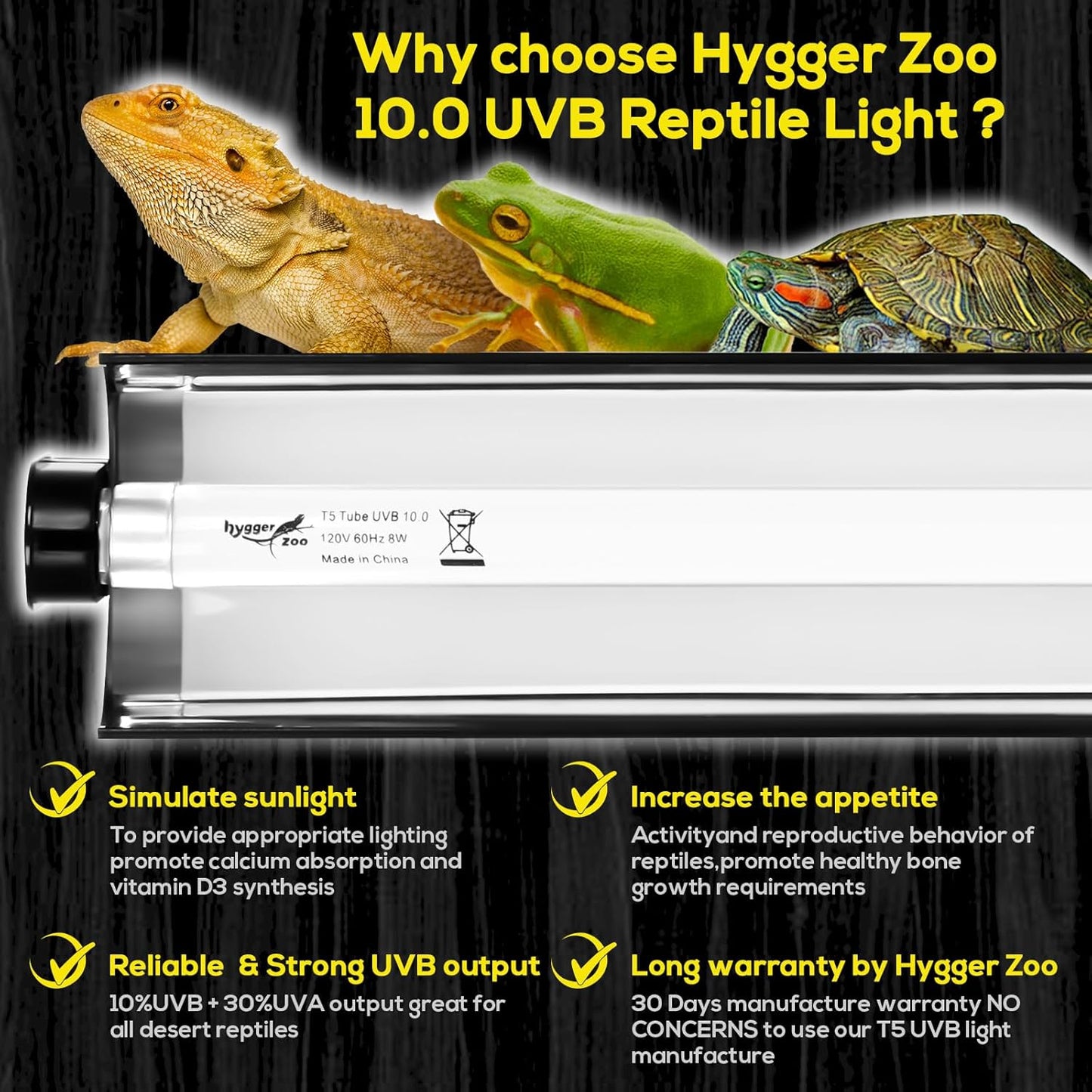 T5 Reptile Light Fixture Combo Kit 24W Light Fixture Reptile Terrarium Hood 10.0 UVB Light Bulb Fluorescent Tube Ideal for Tropical and Deserts Such as Bearded Dragon Lizards and Tortoises