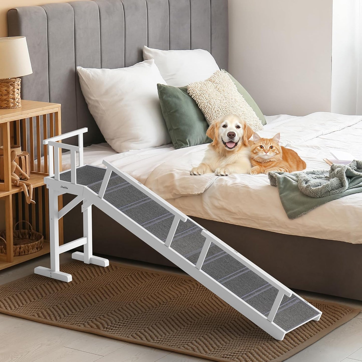 Onelike Wooden Dog Ramp for Bed with Removable Side Rail and Non-Slip Carpet, Stable Pet Ramp Stair for Couch Sofa for Small & Large & Senior Dogs, 74" Long Ramp White