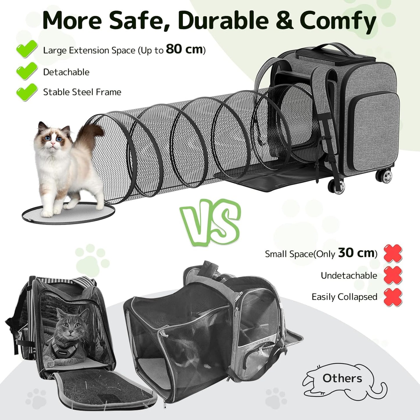 Rolling Cat Carrier with Wheels: Dog Carrier for Small Dogs & Large Cats, Expandable Pet Carrier on Wheels with Cat Play Tunnel, Large Capacity, Breathable Mesh, Side Pocket, Grey