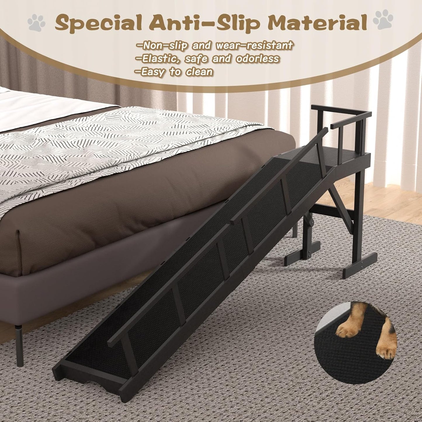 73" Dog Ramp for Bed, Pet Ramp with Removable Side Rail and Non-Slip Surface, Pet Ramp for Small & Large & Senior Dogs with Rest Platform and DIY Glow Strips,Dog Stairs for Couch, Black